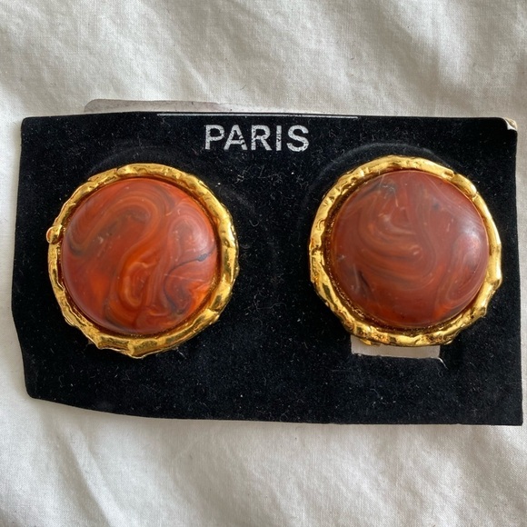 Vintage Signed Carita Paris Gold and Orange Clip on Earrings - Picture 2 of 6